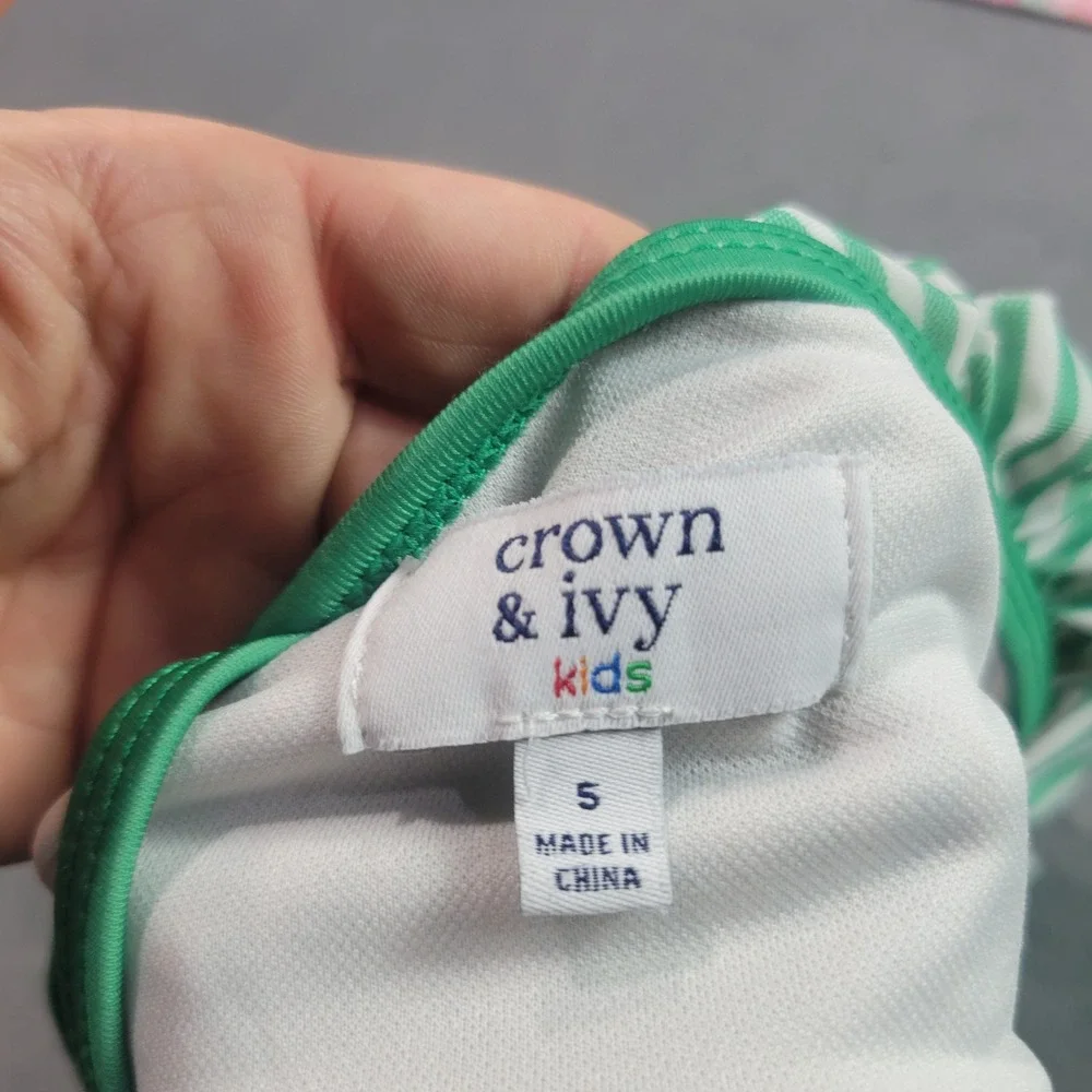 Crown & Ivy Swim Tops Girls Size 5 Pink Green Paisley Striped‎ One Shoulder 2pc